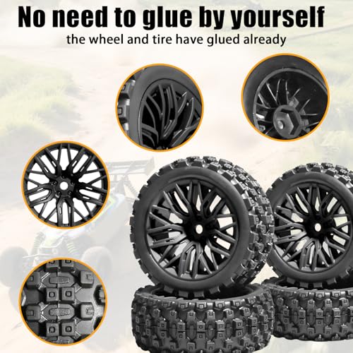 4PCS Pre-Glued RC Crawler Car Rubber Tires and Plastic Wheels Set, 70mm*26mm Tires and Rims with 12mm Hex Fits for ARRMA 1/14 1/16 1/18 Granite/Typhon Grom RC On/Off Road Crawler Truck Car (Black) - color: Black