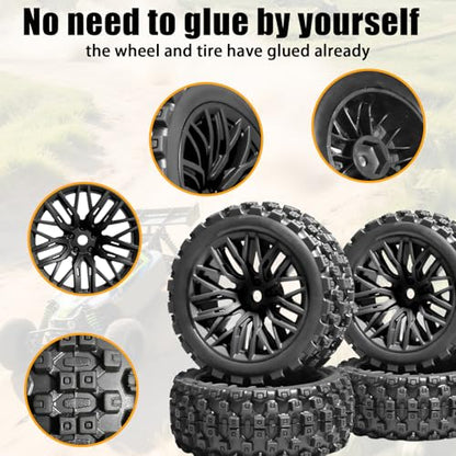 4PCS Pre-Glued RC Crawler Car Rubber Tires and Plastic Wheels Set, 70mm*26mm Tires and Rims with 12mm Hex Fits for ARRMA 1/14 1/16 1/18 Granite/Typhon Grom RC On/Off Road Crawler Truck Car (Black) - color: Black