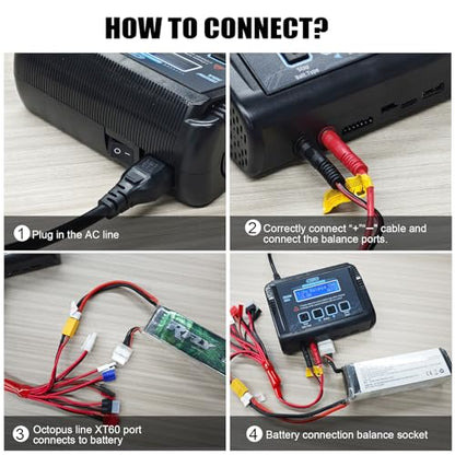 Lipo Battery Charger, 1-6S Balance Charger Discharge 150W 10A AC/DC for Li-Po Li-Hv Ion Fe NiMH NiCd Pb Hobby Batteries With Deans/Tamiya/JST/EC3/HiTec Connectors Cable Power Supply