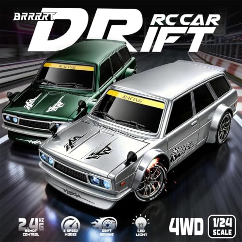 1:24 RC Drift Car,20KM/H 4WD High Speed Remote Control Cars with LED Lights,Adjustable High Speed/Low Speed Ddrift Car,Extra Drifting Tires,Speed Racing Sport Toy Car for Boys and Girls Age 6+ - style: Green Drift Car