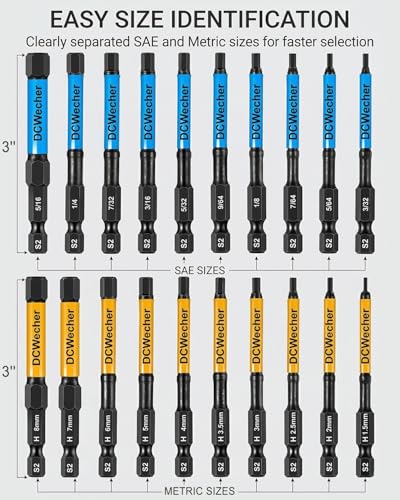 3-Inch Impact Hex Bit Set, 20PCS Metric & SAE Allen Wrench Drill Bits, S2 Steel 1/4" Hex Shank Magnetic Screwdriver Bits, CNC Tips, Storage Holder for Automotive Repair & Furniture Assembly - size: 3" 20-PCS Hex Bits (Metric & SAE)
