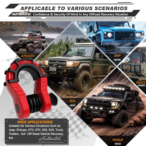AUTMATCH D Ring Shackles 3/4" Mega Shackle (2 Pack) 68,000Ibs Break Strength - Heavy Duty Clevis Shackle 7/8" Screw Pin & Isolator Washer for Tow Strap Winch Off Road Vehicle Recovery, Red & Black - color: Red & Black
