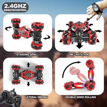 Gesture RC Car Red,1:24 High Speed 4WD Transform Stunt Car with Gesture & Remote Control, 360° Rotation Drift Vehicle with LED Lights Music, Racing Toy Cars Gift for Boys Girls Age 6-12 - style: 1:24 Red Spider