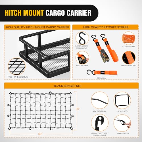 Nilight 60" x 20"x 7.87" Folding Carrier Fits 2-Inch Receiver 500 Lbs Capacity Bag Net Ratchet Straps Lock Stabilizer for SUV Pickup RV Van - style: 20"x 60"x 7.87", w/Bag,Net,Straps