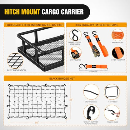 Nilight 60" x 20"x 7.87" Folding Carrier Fits 2-Inch Receiver 500 Lbs Capacity Bag Net Ratchet Straps Lock Stabilizer for SUV Pickup RV Van - style: 20"x 60"x 7.87", w/Bag,Net,Straps