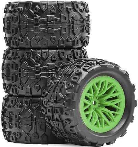Pre-Glued 1/16 & 1/18 RC Monster Truck Rubber Tire & Nylon Wheel - 12mm Hex | Rubber Tires with Foam Fits for ARRMA 1/18 Granite/Typhon Grom, WLtoys A949, MJX Hyper Go H16 (4PCS, Green) - color: Green