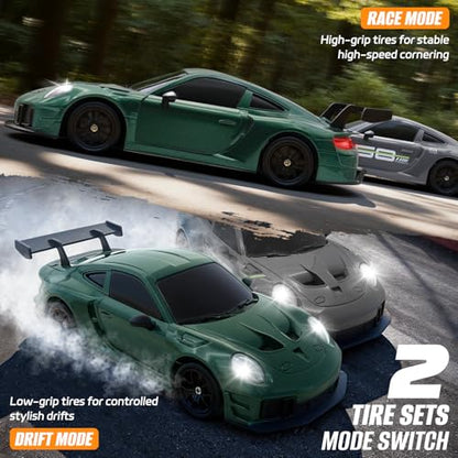 RC Drift Car, 1:24 4WD Remote Control Cars Vehicle with LED Light,2.4GHz 20KM/H High Speed RC Cars with Two Batteries & Drifting Tires Racing Sport Toy for Adults Boys Girls Kids - color: Green