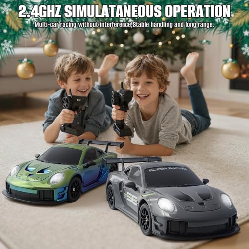 RC Drift Car, 1:24 4WD Remote Control Cars Vehicle with LED Light,2.4GHz 20KM/H High Speed RC Cars with Two Batteries & Drifting Tires Racing Sport Toy for Adults Boys Girls Kids - color: Grey