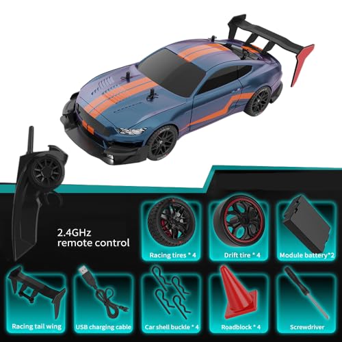 RC Drift Car, 1:14 4WD 40KM/H High Speed RC Racing Car with LED Lights, 2 Batteries, Drifting and Racing Tires for Adults (Blue) - color: Blue
