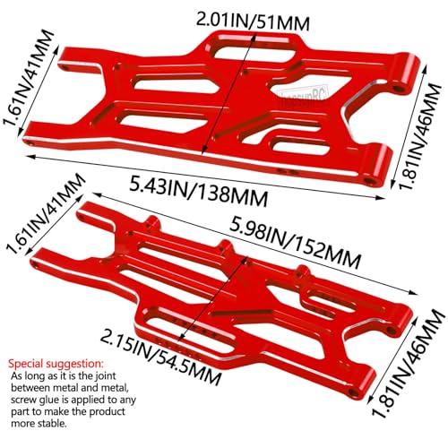 RC Aluminum Suspension Arms Set&Hubs Caster Blocks&Front Steering Block Knuckles&Rear Hubs Upgrades Parts for 1/10 Kraton/Outcast V2 4S BLX,Front Rear Suspension Arms Hops Up,Red - color: Red(for 1/10)