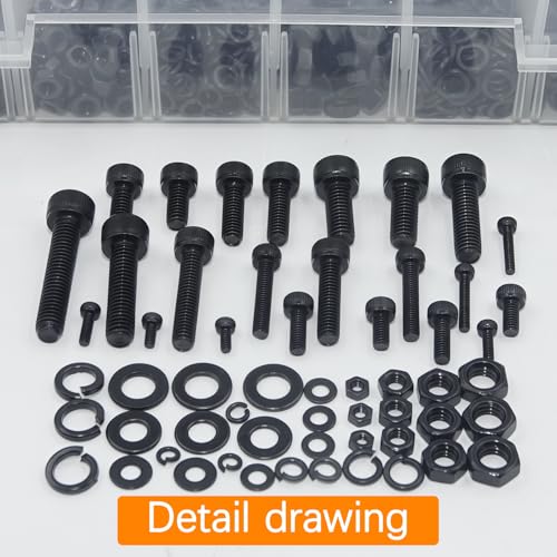 1780 Pcs M2 M4 M5 M3 Screws Set, Metric Bolt Assortment Kit, Metric Machine Screw Assortment Kit, Alloy Steel Black Bolts and Nuts Kits with Washers Set, Hex Socket Head Cap Screws Kit - size: M2/M4/M5mm-1780Pcs