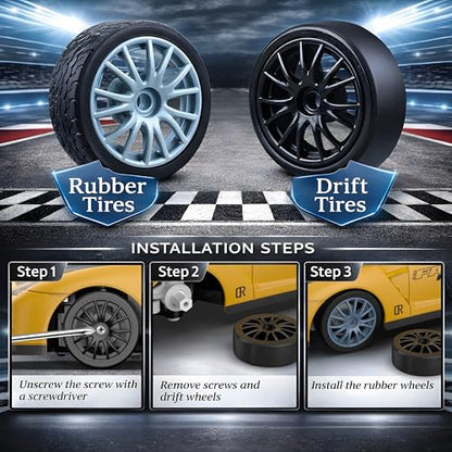 Remote Control Car RC Drift Car 2.4GHz 1:24 Scale 4WD 20KM/H High Speed Model Vehicle with LED Lights Drifting Tire Racing Sport Toy Car for Adults Boys Girls Kids Gift - color: E-yellow