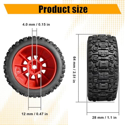 Pre-glued 64mm Wheels &Tires with 12mm Hex for 1/14 Truck, Red | Rubber Tire and Nylon Rim for ARRMA Mojave GROM, HPI, Traxxas Slash, Tamiya, Toyota, WLtoy 1/14 1/16 1/18 RC On/Off-Road Car - color: Red