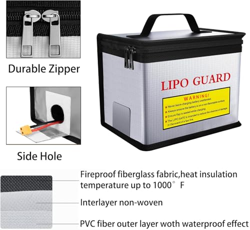 3pcs Lipo Battery Safe Bag Fire-Explosionproof Bag for RC Vehicle Batteries Other Batteries Storage and Charging Safe (215x145x165mm+185x75x60mmx2)