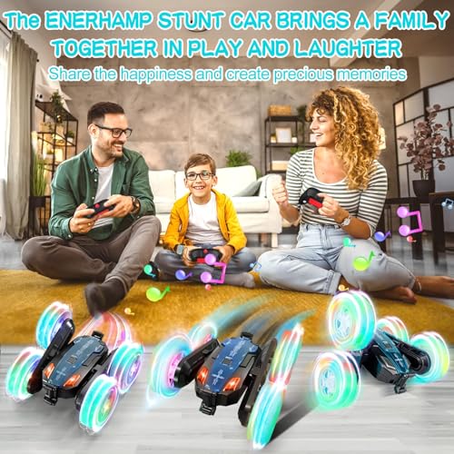 Remote Control Car - Double-Sided 360° Rotating, 4WD, 2.4GHz Rechargeable with LED Light and Music, RC Stunt Cars Toy for Boys and Girls on Birthdays Blue