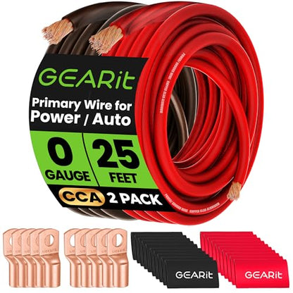 GEARit 0 Gauge Wire Kit CCA 3-in-1, 1/0 AWG Power Ground Battery Cable 25 ft Black/Red, with Lugs & Heat Shrink - color: Black/Red, size: 25ft Each + Lugs + Shrink Wrap