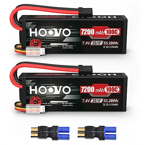 HOOVO 2S Lipo Battery 7.4V 7200mAh 100C RC Lipo Battery Pack TR Plug 2 Pack | Hard Case，Compatible with 1/8 and 1/10 RC Truck Vehicles RC Car Truggy Buggy Racing Models - style: 2S 7200mAh