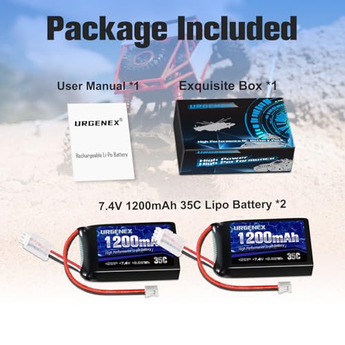 SCX24 Battery 7.4V Lipos 2S 35C(Burst 70C) 1200mAh Rechargeable Lithium Battery with PH2.0 Plug Compatible with Most 1/10, 1/16, 1/18, 1/24 Scale RC Cars Trucks