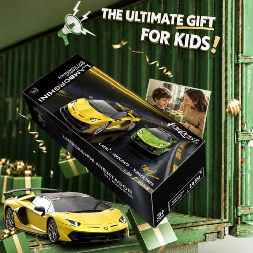 AEROQUEST Lamborghini Remote Control Car, 1:24 Scale Electric Sport Racing Hobby Toy Car Lamborghini Model Vehicle for Boys Girls Birthday Gifts, Yellow | Officially Licensed,Birthday Gift,Toys for ages 3-8,Aventador SVJ Mode,Electric Sport Racing,Hobby R