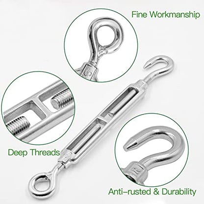 6PCS M8 Hook & Eye Turnbuckle 304 Stainless Steel Turnbuckle Wire Rope Tension Heavy Duty Turnbuckles for Cable Railing Wire Rope Hardware Kit (M8, Hook & Eye) - style: Hook & Eye-M-8