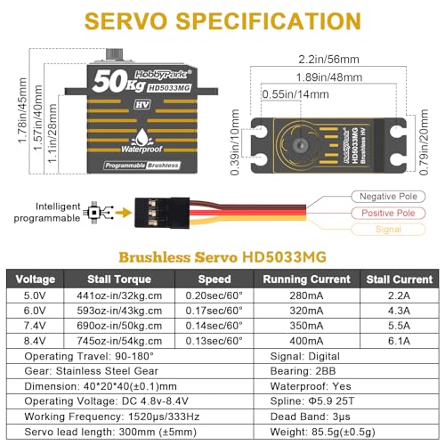 HobbyPark Waterproof 50KG High Torque RC Servo Brushless Motor 8.4V HV Servo Metal Gears Programmable for 1/7 1/8 1/10 1/12 RC Crawler RC Truck RC Car Buggy Robotic Control Angle 180°