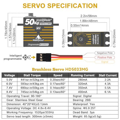 HobbyPark Waterproof 50KG High Torque RC Servo Brushless Motor 8.4V HV Servo Metal Gears Programmable for 1/7 1/8 1/10 1/12 RC Crawler RC Truck RC Car Buggy Robotic Control Angle 180°