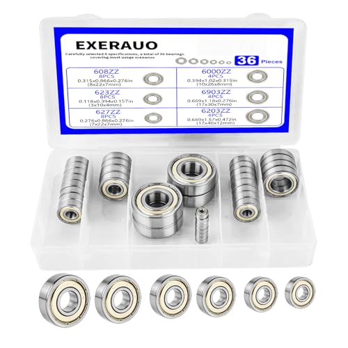 36Pcs Ball Bearings Kit, 608ZZ 623ZZ 627ZZ 6000ZZ 6903ZZ 6203ZZ | Bearing Steel, Double Metal Shielded Deep Groove Bearings for 3D Printer, Skateboards