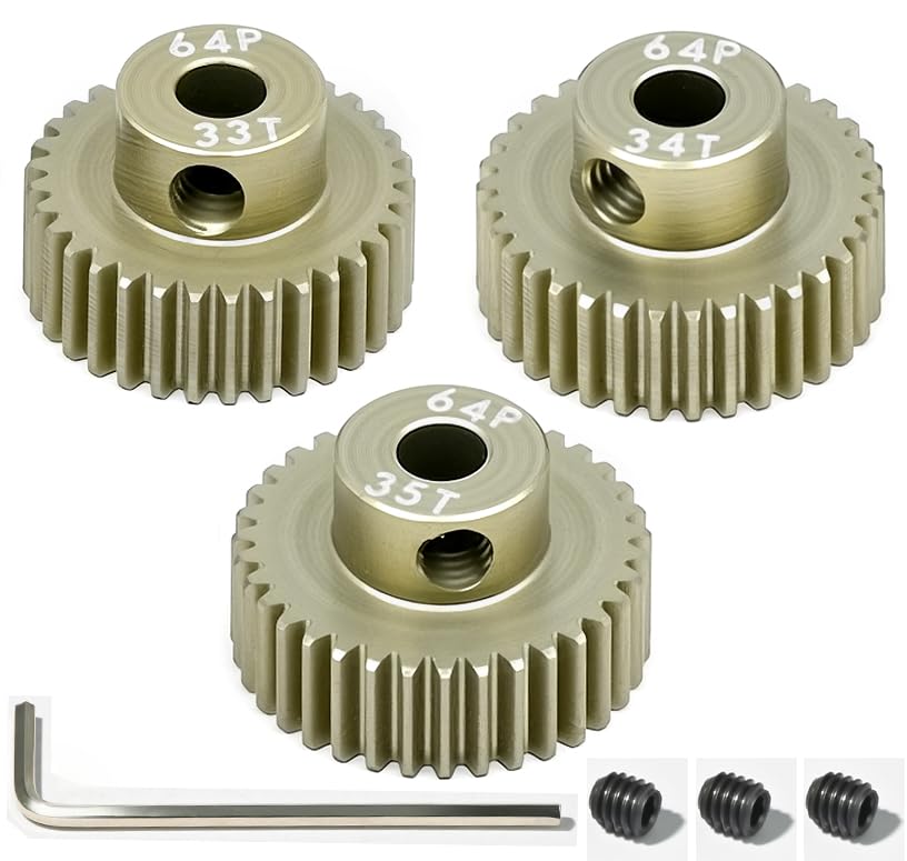 64P Pinion Gear 3.175mm Shaft 7075 Aluminum Alloy Motor Gears,0.6 Metric Pitch 33 34 35T with 1/8 Hole Pinion Gear Compatible with 1/10 Arrma HPI Kyosho Losi Axial Traxxas Tamiya RC Car - size: 33 34 35T