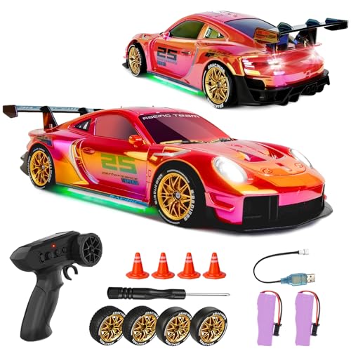 RC Drift Car,1:24 Scale Remote Control Vehicle for Kids,20KM/H 4WD High Speed RC Cars with LED Lights,2 Batteries & Drift Tires Racing Toy for Adults,Kids,Boys and Girls