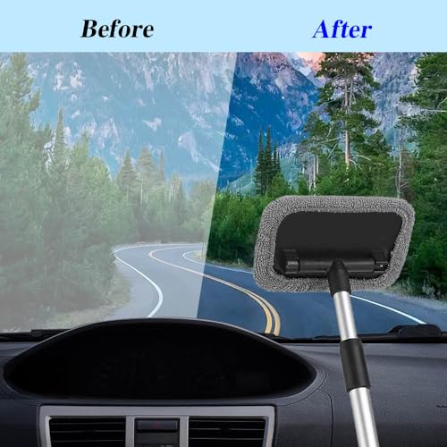 Car Windshield Cleaning Tool with Reusable Cloth Pad & Long Handle | Microfiber Window Cleaner, Universal Car Accessories Auto Glass Wiper Kit for Interior & Exterior Cleaning
