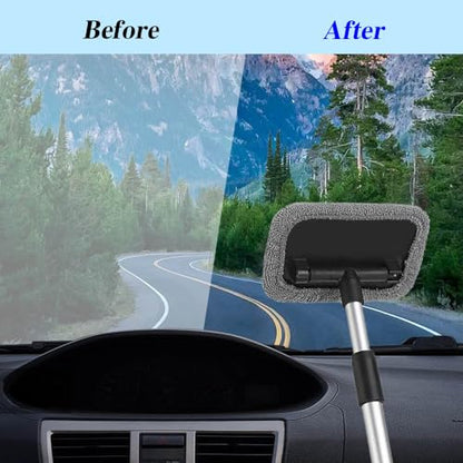 Car Windshield Cleaning Tool with Reusable Cloth Pad & Long Handle | Microfiber Window Cleaner, Universal Car Accessories Auto Glass Wiper Kit for Interior & Exterior Cleaning