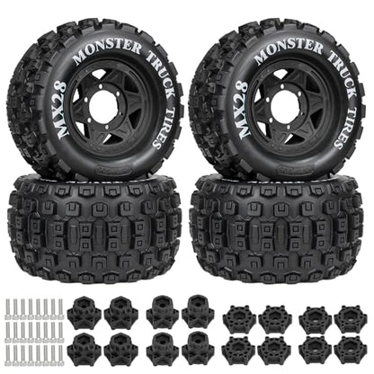 LRFHL MX28 F/R 2.8" RC Monster Truck Tires and Wheels 4PCS, Black | 12mm/14mm Hex Adapter, 1/10 RC Monster Truck, Compatible with Traxxas Stampede Rustler Redcat Arrma Vorteks Big Rock Granite - color: Black Tires+ Black Hex Wheel-9