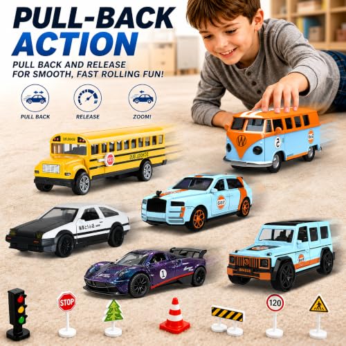 1:32 Alloy Pull Back Truck Toys for Kids, 6 Pack Die Cast Car Set with Road Map, Traffic Signs & Light, Toy Vehicle Playset, Birthday for Boys Girls Ages 3-8 - size: Alloy car 6-piece setpiece set