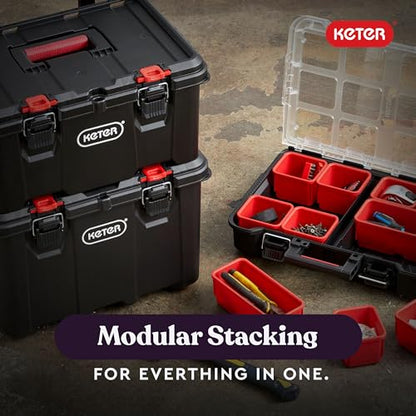 Keter Stack N Rolling Tool Box Modular Storage System 3 Piece | Black and Red, Heavy Duty, Weatherproof, All Terrain Wheels, Durable, Easy to Use, Telescoping Handle - color: Black/Red, size: 3PC System