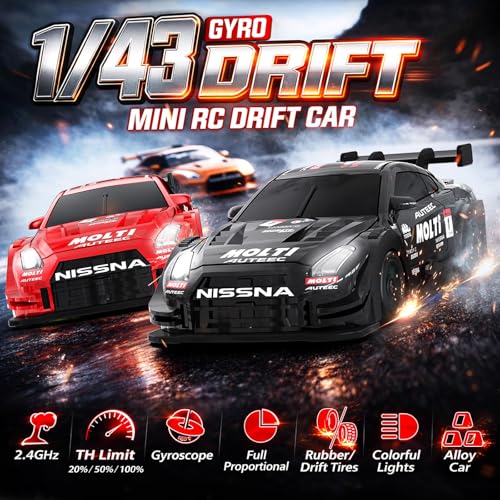 1/43 Mini RC Drift Car with Gyro, 2.4GHz Full Proportional RC Car, 20KM/H Professional High Speed Remote Control Car with Lights, Desktop Drift Car Racing Toy Gifts to Adults Kids Boys - color: Black