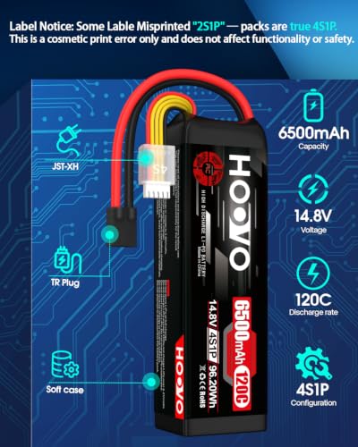 HOOVO 4S Lipo Battery 14.8V 6500mAh 120C RC Battery Pack with TR Plug for Maxx X-Maxx RC Car Truck Buggy Crawler Helicopter Drone,2Packs