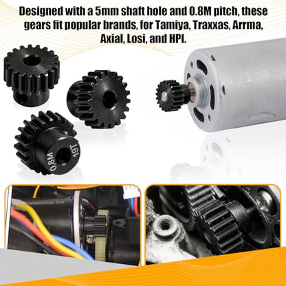 3-Pack Steel Metal 0.8M 5mm Pinion Motor Gear Sets 19T Compatible with HPI Kyosho Losi Axial Tamiya 1/8 1/10 RC Car Monster Truck Buggy, 0.8 Module Gear for Traxxsa Arrma - style: 3Pcs 19T