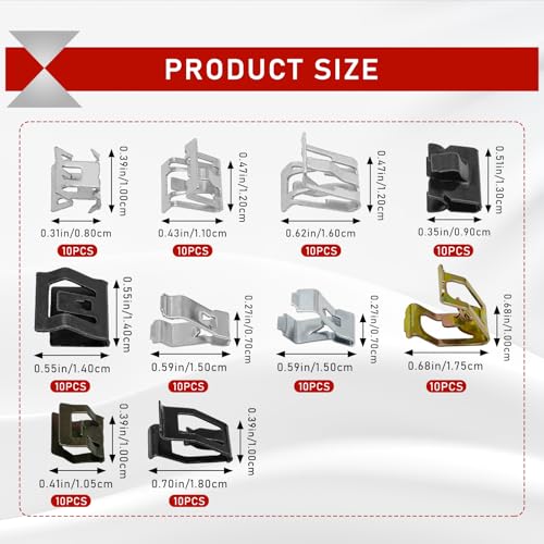 100Pcs 10 Sizes Metal Trim Clip - Panel Spring Clip Kit 7.9mm 10mm 11mm 13.1mm 14.1mm 15.3mm 15.8mm 16mm 17.3mm 18.2mm Auto Car U-Clip Trim Moulding Clip Kit Compatible with Audi VW 4A0-867-276A