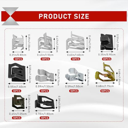 100Pcs 10 Sizes Metal Trim Clip - Panel Spring Clip Kit 7.9mm 10mm 11mm 13.1mm 14.1mm 15.3mm 15.8mm 16mm 17.3mm 18.2mm Auto Car U-Clip Trim Moulding Clip Kit Compatible with Audi VW 4A0-867-276A
