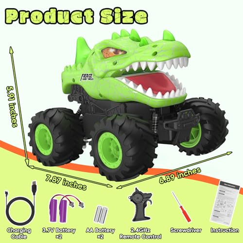 Dinosaur Remote Control Car, 2.4GHz Monster Truck Toys Rechargeable RC Cars 1:24 Scale RC Truck with LED Light Movable Mouth, Dinosaur Cars Toys for Kids Boys 6-8 8-12 Birthday Gift, Green - color: Green
