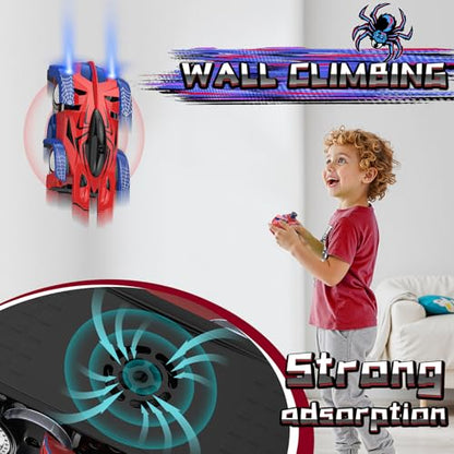 Wall Climbing Remote Control Car with Headlight | 360° Rotating RC Stunt Car, Rechargeable RC Cars Toys for 3 4 5 6 7 8-12 Year Old Boys Girls Kids - color: Red&blue
