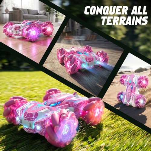 Gesture Sensing Remote Control Car Birthday Gift for Girl 3-12 | Double Sided RC Cars, Full-Body Light, 2.4GHz Hand Controlled, Rechargeable RC Stunt Car - color: Pink