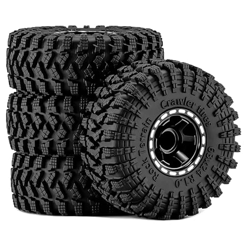 1.0" Beadlock Aluminum Wheels and 63mm Soft Rubber Tires | for SCX24, TRX4M, Ascent 18, FCX24, 1/18 1/24 RC Crawler, 7mm Hex, 0mm Offset, with Foam Inserts, (Black345) - color: Black 345