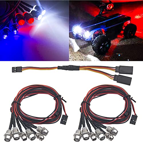 2Pack HIRCQOO 6LED RC Car LED Light Headlights Taillight Lighting with JR Y Cable Compatible with Traxxas HSP Tamiya Redcat RC4WD Axial Kyosho Arrma 1/8 1/10 1/12 RC Car Truck (2Blue + 2White + 2Red)