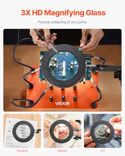 VEVOR Magnetic Helping Hands Soldering Station, 2-In-1 Third Hand Soldering Tool - 3X LED Magnifying Lamp & 5 Flexible Arms, 6 PCB Holders, Heavy-Duty Base Station for Electronic Repair Craft Hobby - style: 11*7in Large Base with Light and Holders