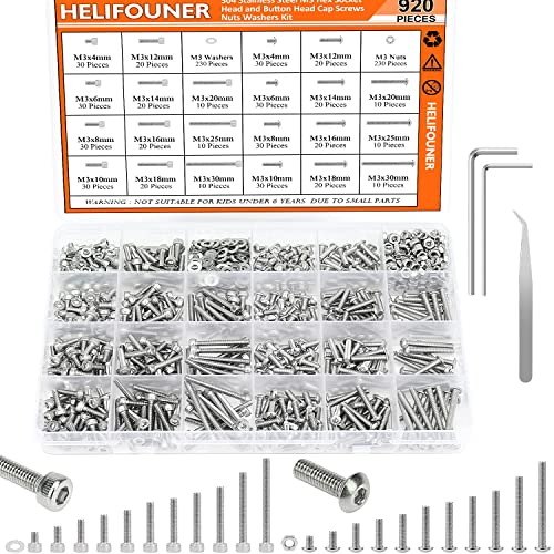 HELIFOUNER 920 Pieces 304 Stainless Steel M3 x 4mm /6mm /8mm /10mm /12mm /14mm /16mm /18mm /20mm /25mm / 30mm, Hex Socket Head and Button Head Metric Screws and Nuts Assortment Kit - size: M3 Screws Set