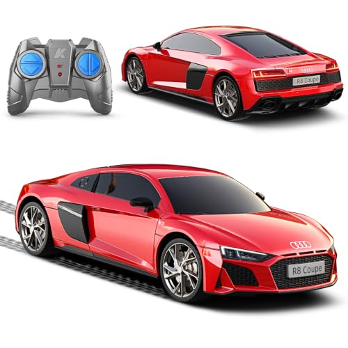 AEROQUEST 1:24 Audi Remote Control Car (R8 Coupe-Red) | Officially Licensed,Birthday Gift,Toys for ages 3-8,Electric Sport Racing,front-light ,2.4GHz-supports multi-play - color: Audi Red