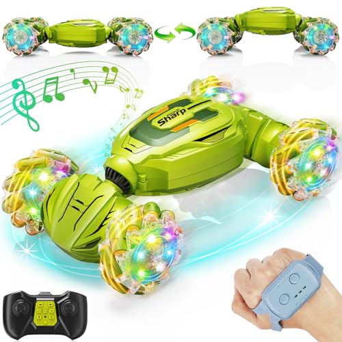 Gesture Sensing RC Stunt Car, Remote Control Car Christmas Birthday Gifts for Kids Age 6-12, 2.4Ghz Hand Controlled Twist Cars, 360° Rotating Off Road Car Toy for Boys Girls Age 6 7 8 9 10 11+(Green) - color: Green
