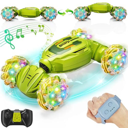 Gesture Sensing RC Stunt Car, Remote Control Car Christmas Birthday Gifts for Kids Age 6-12, 2.4Ghz Hand Controlled Twist Cars, 360° Rotating Off Road Car Toy for Boys Girls Age 6 7 8 9 10 11+(Green) - color: Green