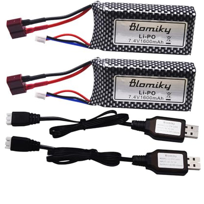 Blomiky 2 Pack 11.84Wh 7.4V 1600mAh Li-po Rechargeable Battery and USB Cable Suitable for Some 1/10 1/12 Scales RC Truck Cars 25-DJ02 / 7.4V 1600mAh 2